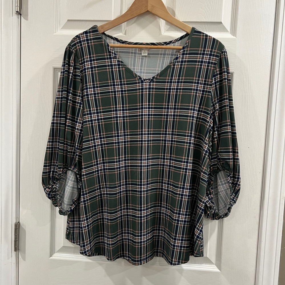 Est. 1946 Green Plaid V-Neck Blouse 3/4 Puff Sleeve Top‎ Large